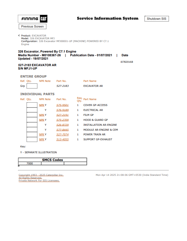 Caterpillar Cat 326 Excavator Parts Catalogue Manual PDF | S/N MFJ