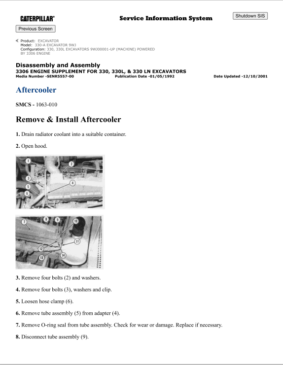 Caterpillar Cat 330-A Excavator Service and Repair Manual PDF | S/N 9W3