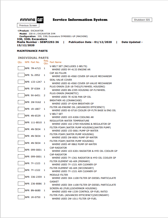 Caterpillar Cat 330, 330 L Excavator Parts Catalogue Manual PDF | S/N 5YM