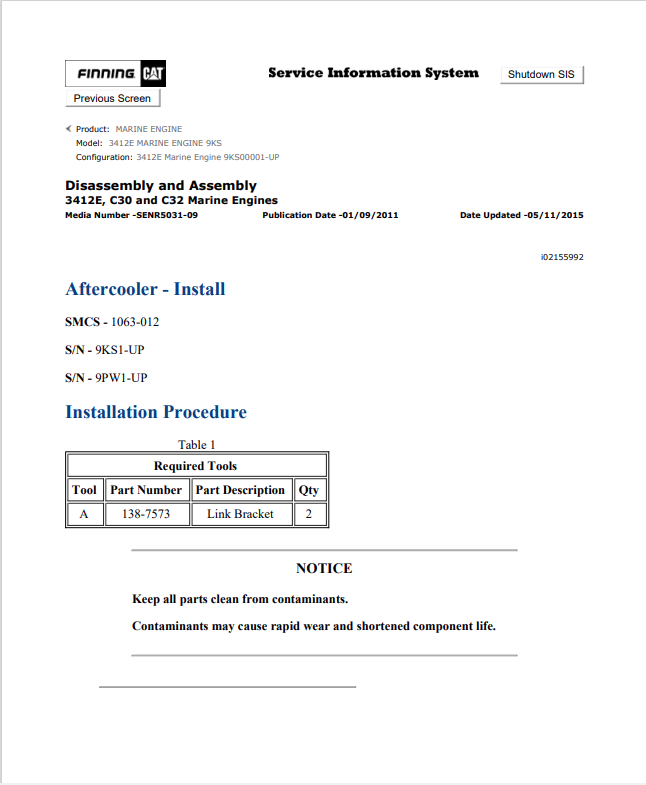Caterpillar Cat 3412E Marine Engine Service and Repair Manual PDF | S/N 9KS
