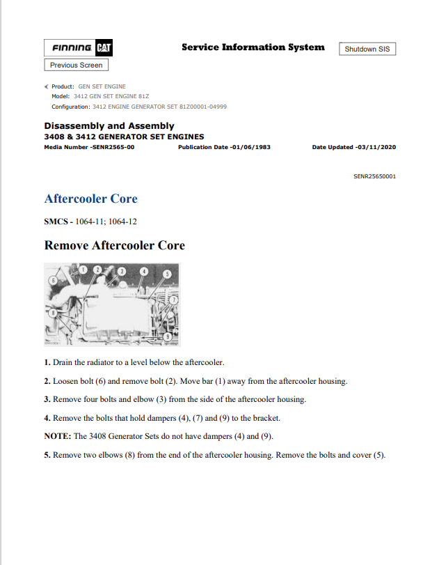 Caterpillar Cat 3412 Gen Set Engine Service and Repair Manual PDF | S/N 81Z