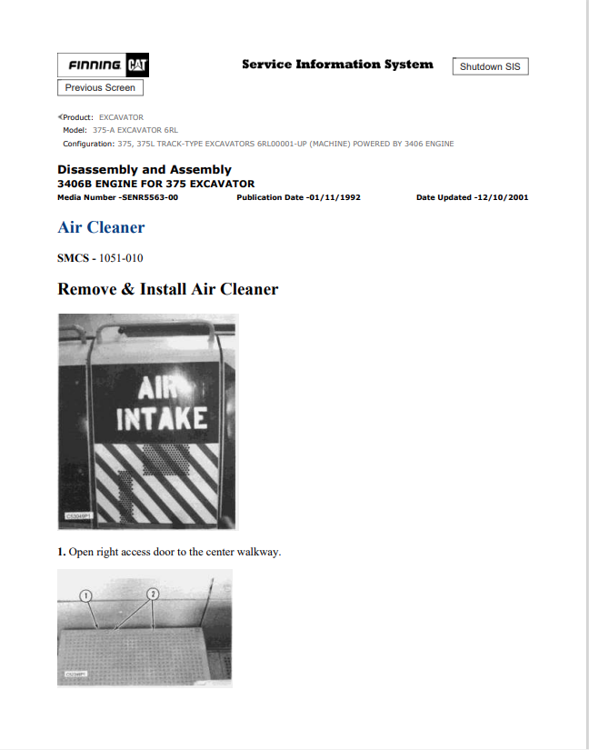 Caterpillar Cat 375-A Excavator Service and Repair Manual PDF | S/N 6RL