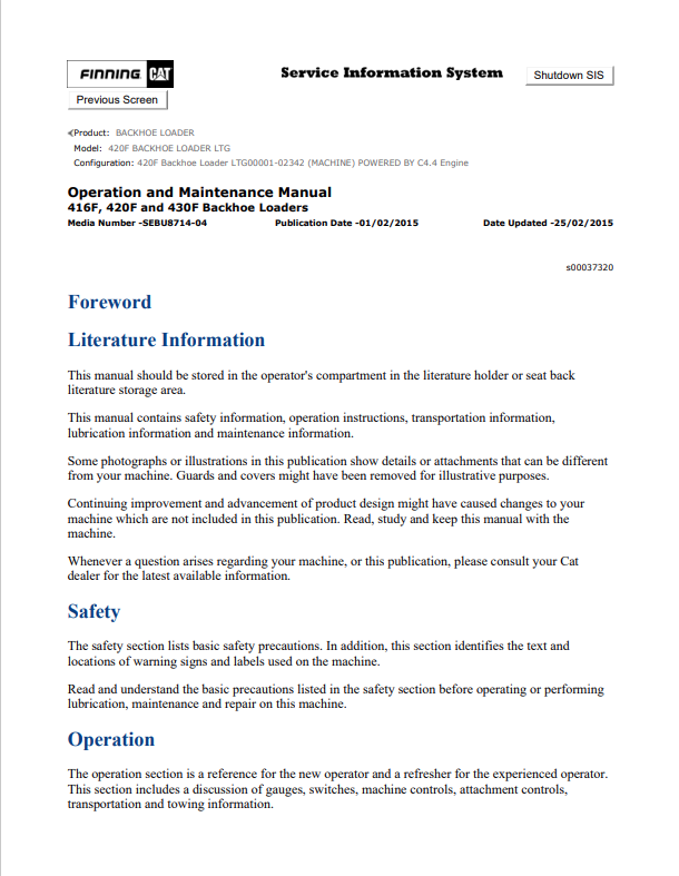 Caterpillar Cat 420F Backhoe Loader Operation and Maintenance Manual PDF | S/N LTG