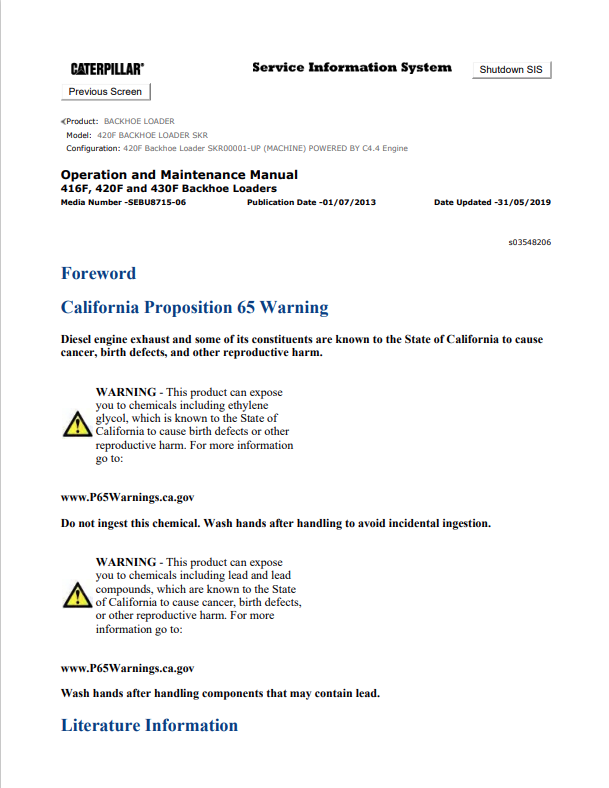 Caterpillar Cat 420F Backhoe Loader Operation and Maintenance Manual PDF | S/N SKR
