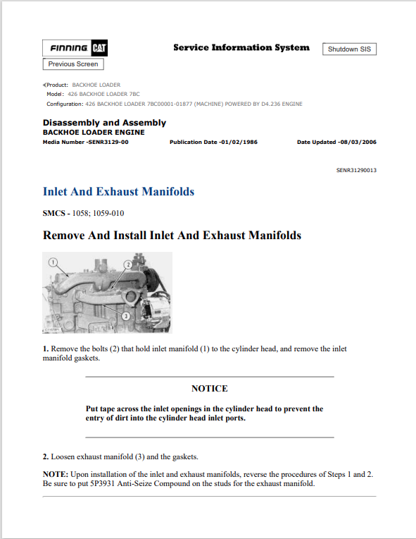 Caterpillar Cat 426 Backhoe Loader Service and Repair Manual PDF | S/N 7BC00001-01877