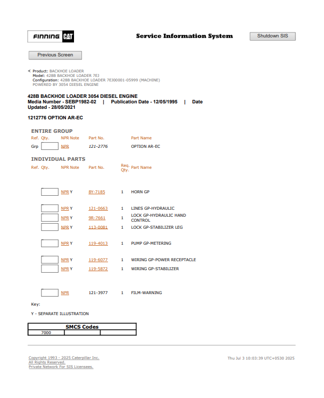 Caterpillar Cat 428B Backhoe Loader Parts Catalogue Manual PDF | S/N 7EJ