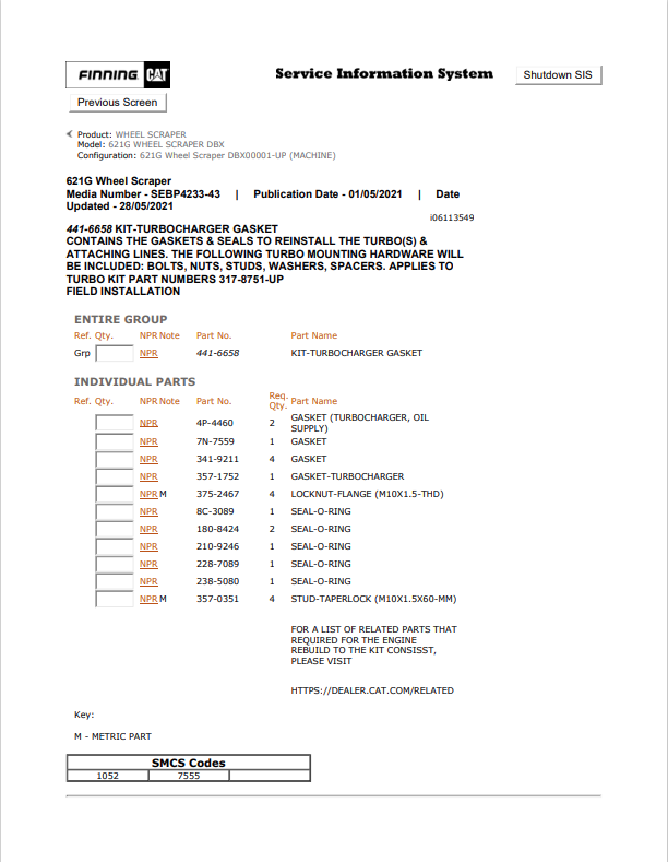 Caterpillar Cat 621G Wheel Scraper Parts Catalogue Manual PDF | S/N DBX