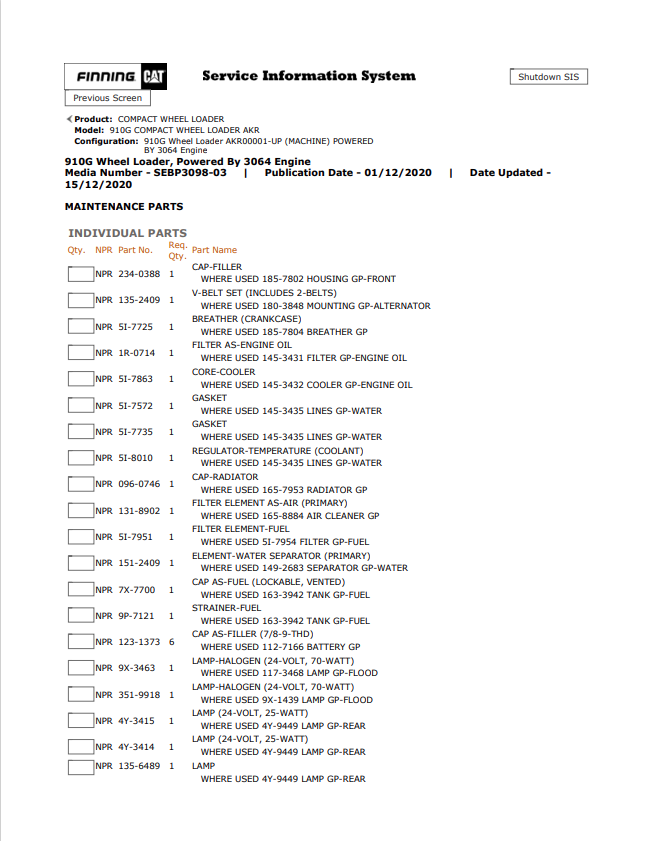 Caterpillar Cat 910G Compact Wheel Loader Parts Catalogue Manual PDF | S/N AKR