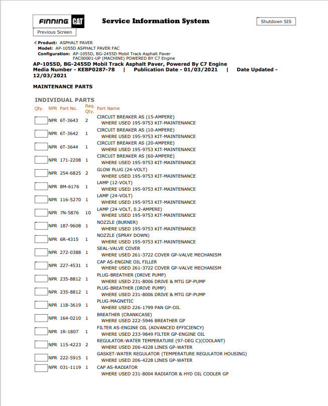 Caterpillar Cat AP-1055D Asphalt Paver Parts Catalogue Manual PDF | S/N FAC