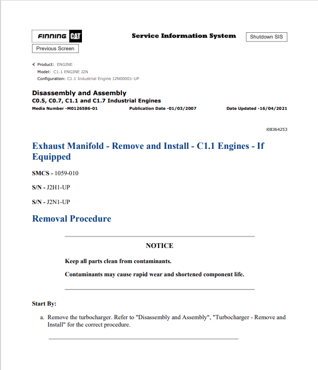 Caterpillar Cat C1.1 Engine Service and Repair Manual PDF | S/N J2N