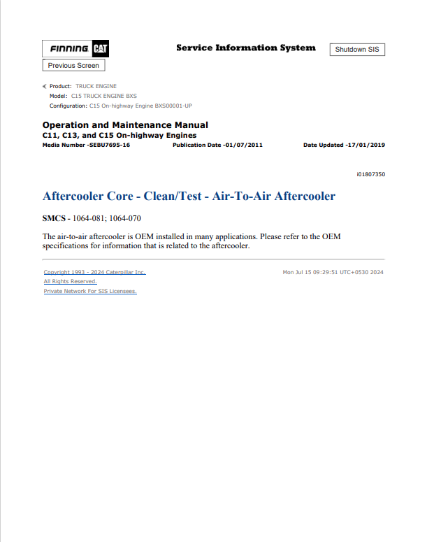 Caterpillar Cat C15 Truck Engine Operation and Maintenance Manual PDF | S/N BXS