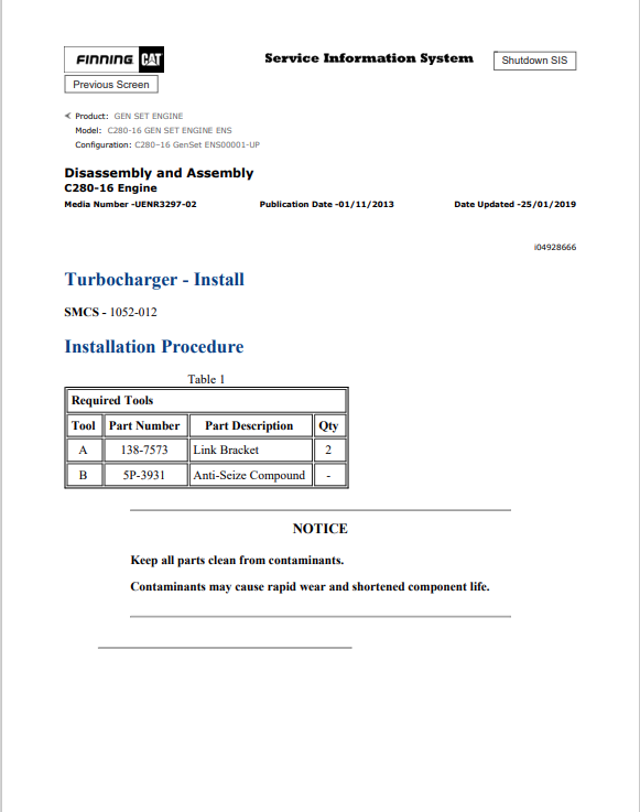 Caterpillar Cat C280-16 Gen Set Engine Service and Repair Manual PDF | S/N ENS