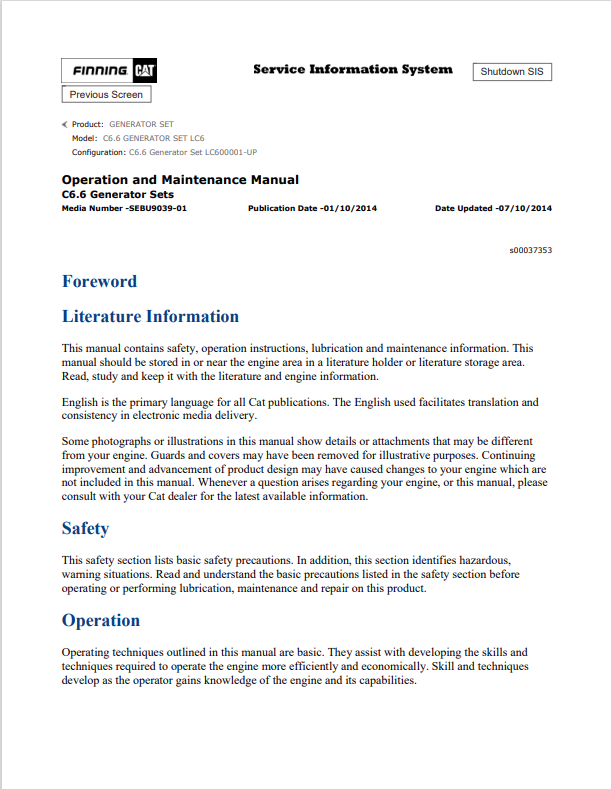 Caterpillar Cat C6.6 Generator Set Operation and Maintenance Manual PDF | S/N LC6