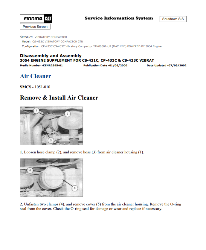 Caterpillar Cat CS-433C Vibratory Compactor Service And Repair Manual PDF | S/N 2TN