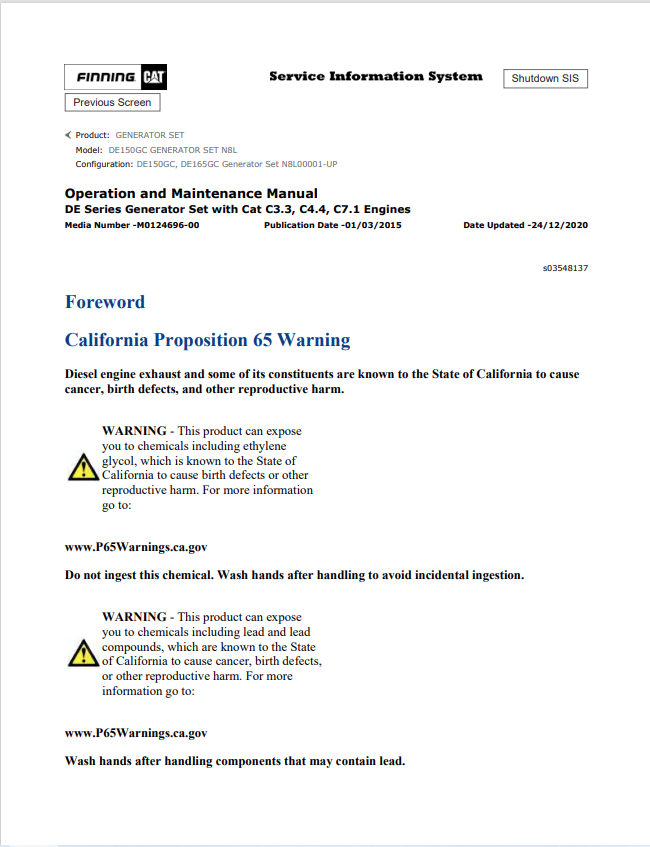 Caterpillar Cat DE150GC Generator Set Operation and Maintenance Manual PDF | S/N GAP