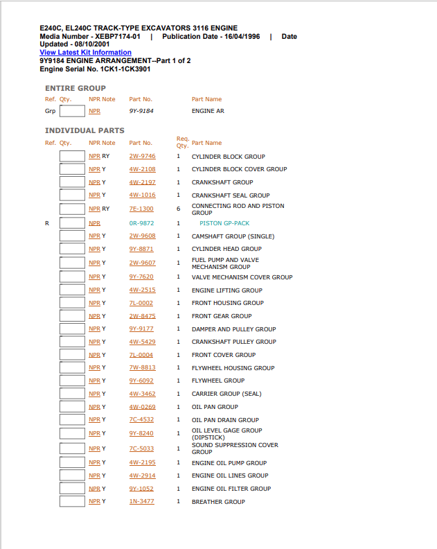 Caterpillar Cat EL240C Excavator Parts Catalogue Manual PDF | S/N 9PK