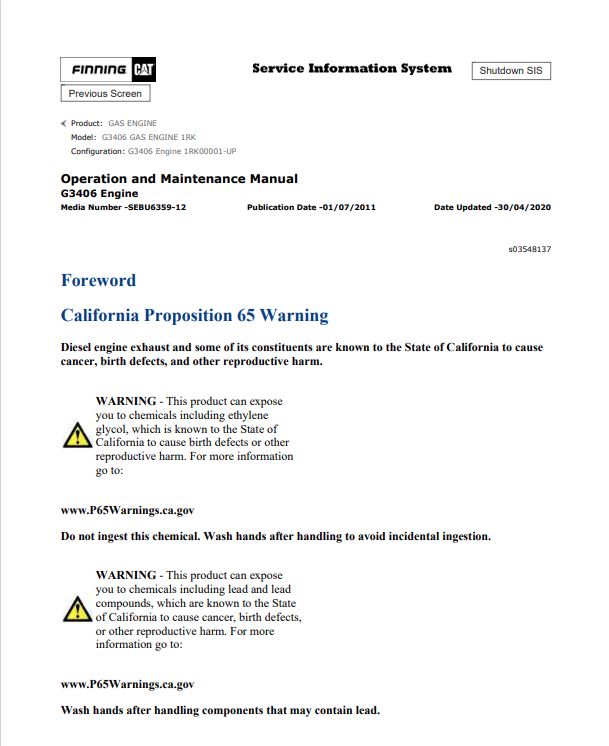 Caterpillar Cat G3406 Gas Engine Operation and Maintenance Manual PDF | S/N 1RK