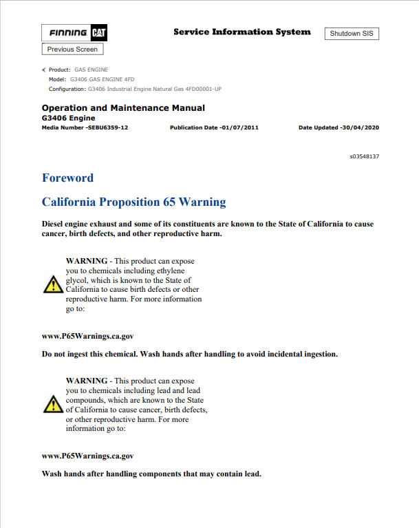 Caterpillar Cat G3406 Gas Engine Operation and Maintenance Manual PDF | S/N 4FD