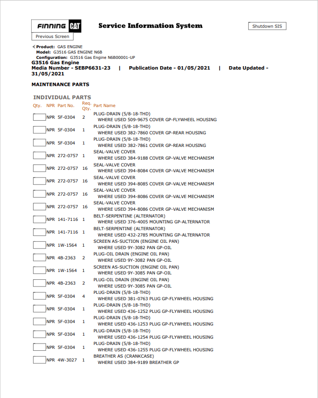 Caterpillar Cat G3516 Gas Engine Parts Catalogue Manual PDF | S/N N6B