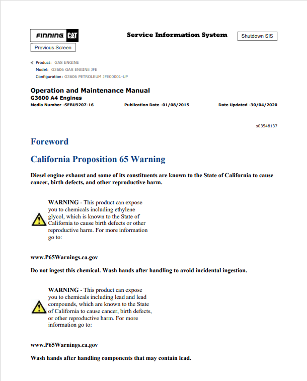 Caterpillar Cat G3606 Gas Engine Operation and Maintenance Manual PDF | S/N JFE