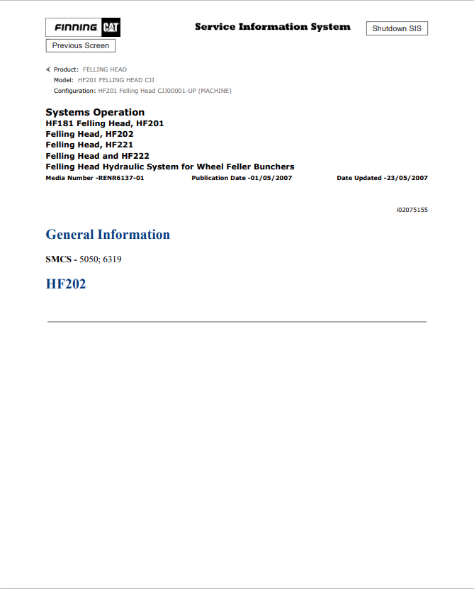 Caterpillar Cat HF201 Felling Head Service And Repair Manual PDF | S/N CJJ