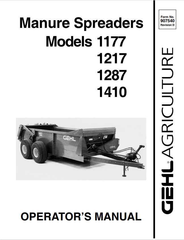 GEHL MODEL 1177, 1217, 1287, 1410 MANURE SPREADER OPERATOR MANUAL 907540- PDF