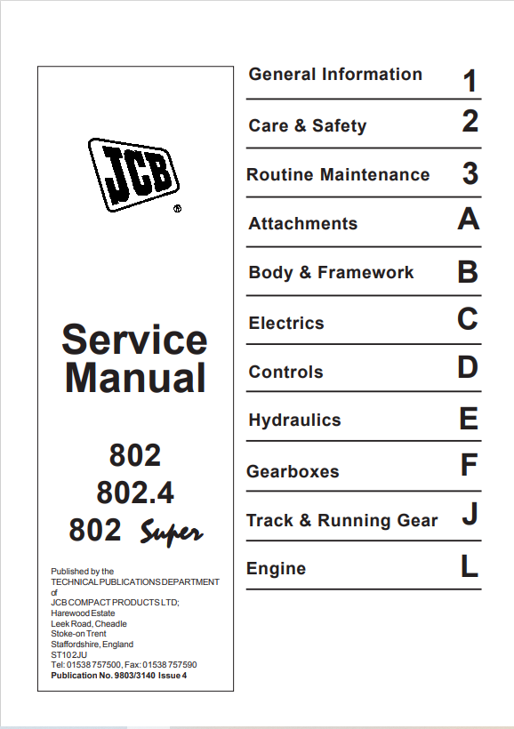 JCB 802, 802.4, 802 Super Service Manual 9803/3140 PDF