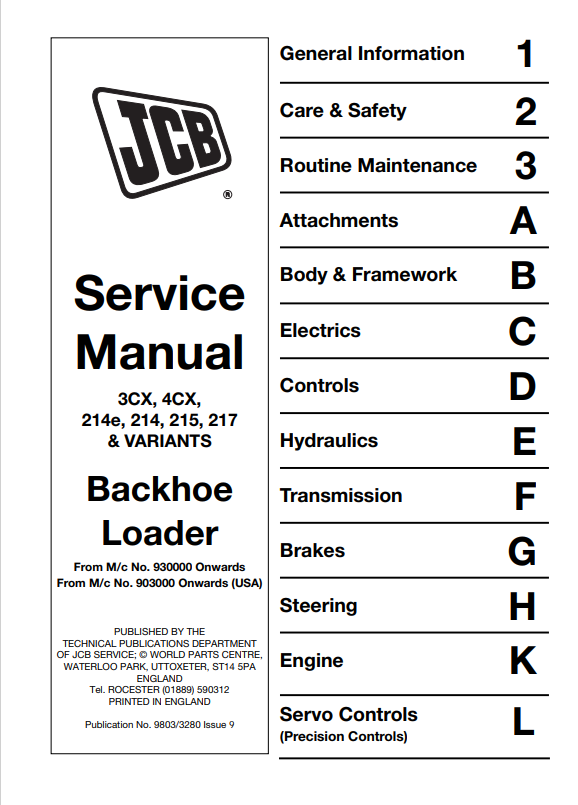 JCB Backhoe Loader 3CX, 4CX, 214e, 214, 215, 217 & Variants Service Manual 9803/3280 PDF