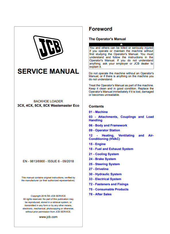 JCB Backhoe Loader 3CX, 4CX, 5CX, 5CX Wastemaster Eco Service Manual 9813/6900 PDF