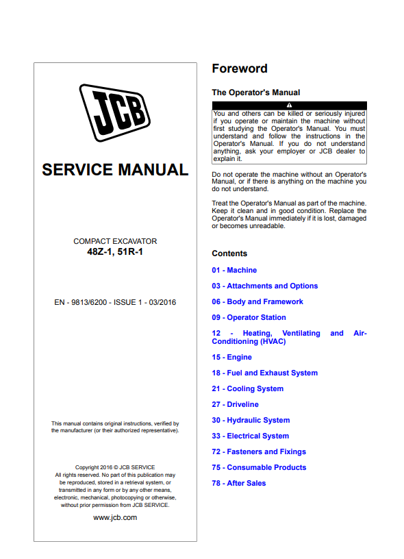 JCB Compact Excavator 48Z-1, 51R-1 Service Manual 9813/4250 PDF