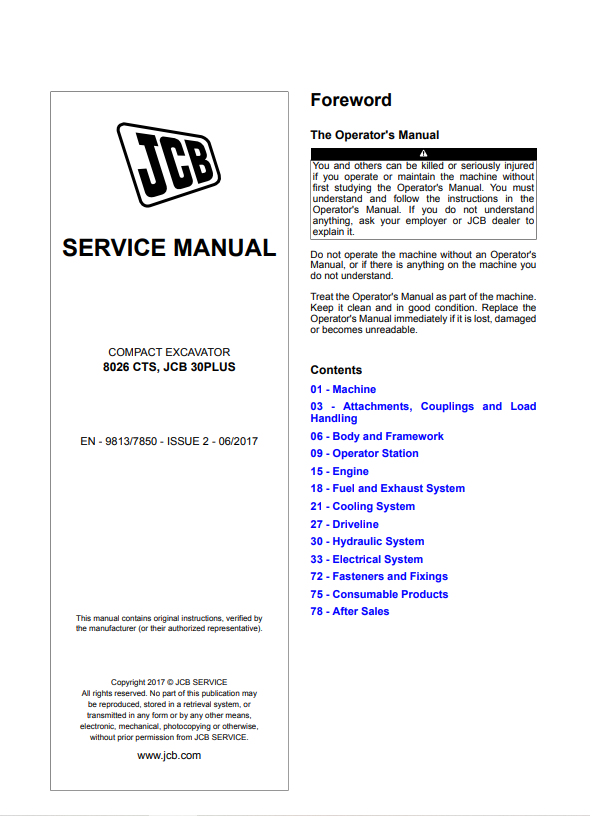 JCB Compact Excavator 8026 CTS, JCB 30PLUS Service Manual 9813/7850 PDF