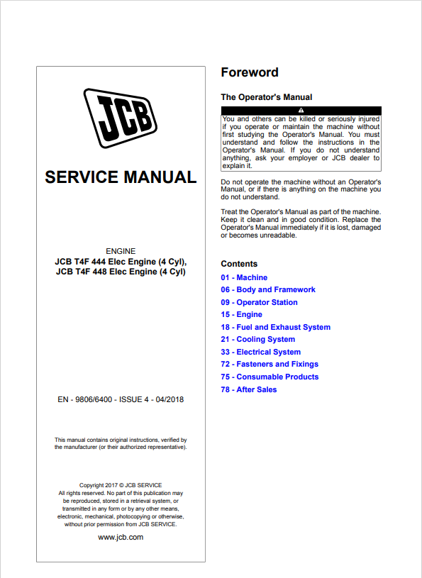JCB Engine T4F 444 Elec Engine, T4F 448 Elec Engine Service Manual 9806/6400 PDF