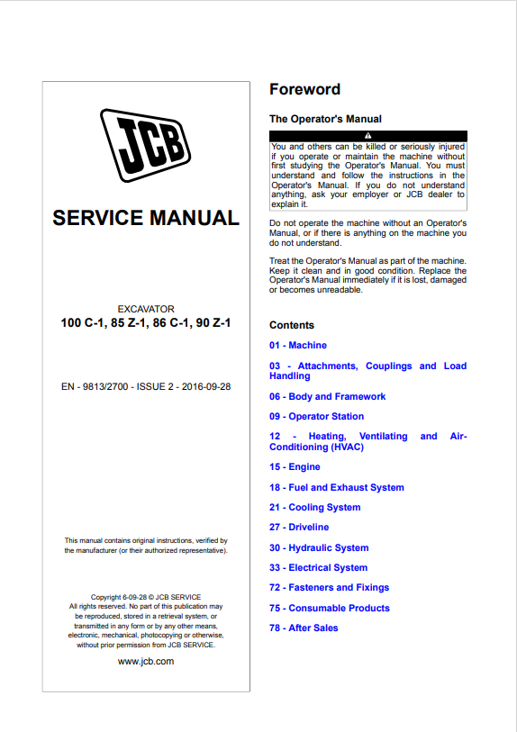 JCB Excavator 100 C-1, 85 Z-1, 86 C-1, 90 Z-1 Service Manual 9813/2700 PDF