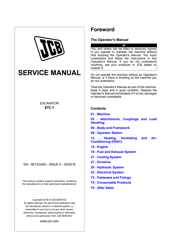 JCB Excavator 67C-1 Service Manual 9813/3450 PDF