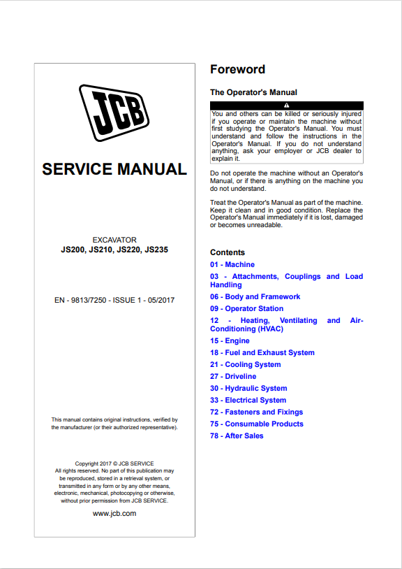 JCB Excavator JS200, JS210, JS220, JS235 Service Manual 9813/7250 PDF