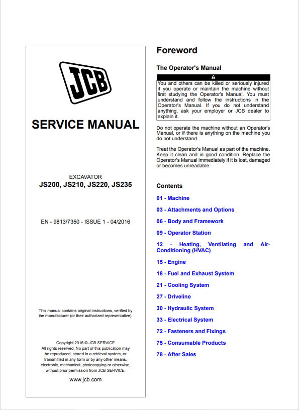 JCB Excavator JS200, JS210, JS220, JS235 Service Manual 9813/7350 PDF