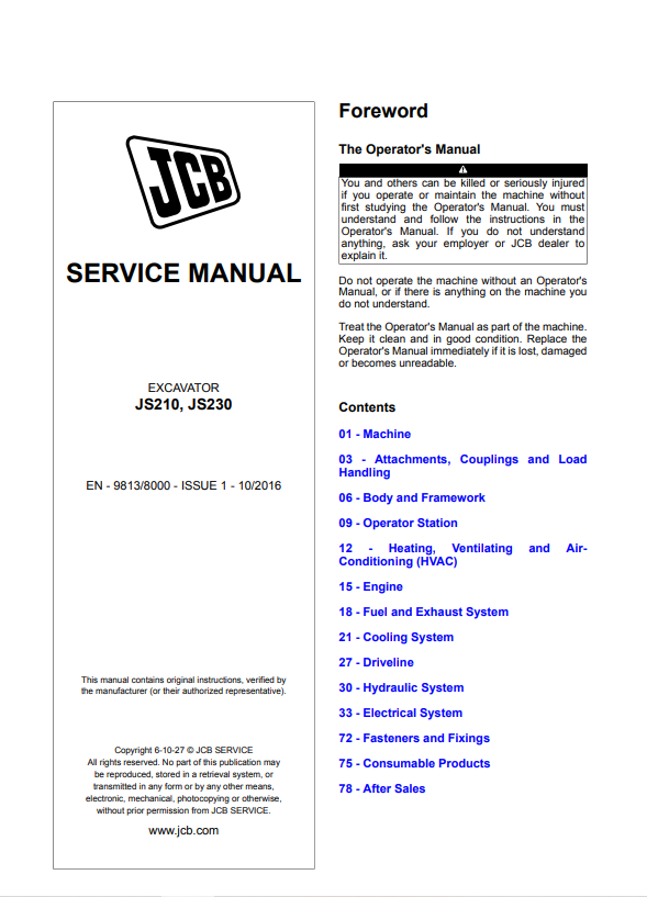 JCB Excavator JS210, JS230 Service Manual 9813/8000 PDF