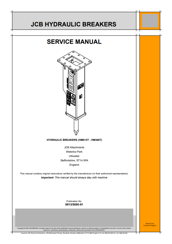 JCB Hydraulic Breakers HM012T - HM380T Service Manual 9813/5850-01 PDF
