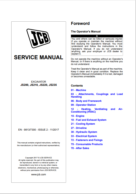 JCB JS200, JS210, JS220, JS235 Service Manual 9813/7300