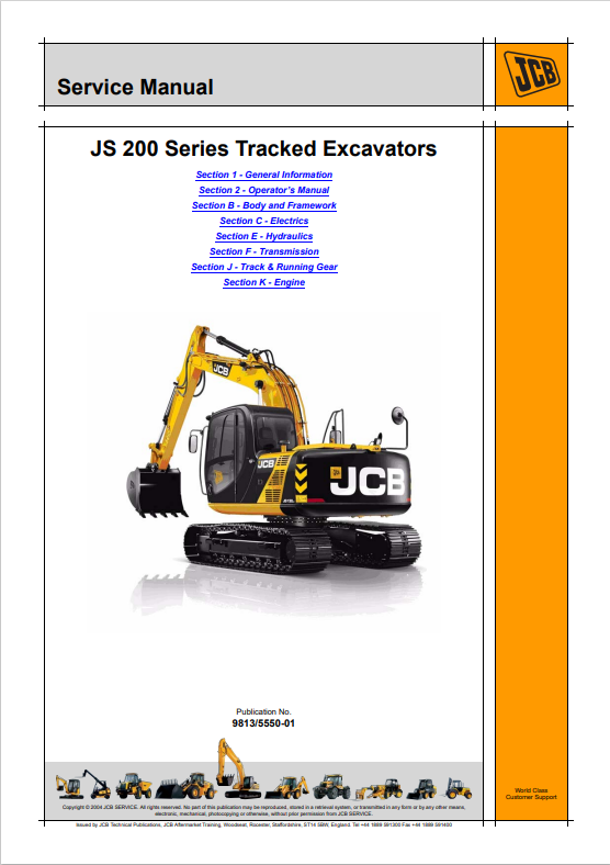 JCB JS 200 Series Tracked Excavator Service Manual 9813/5550-01 PDF