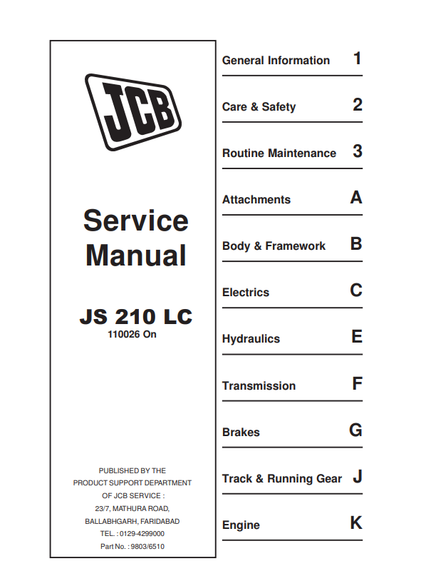 JCB JS 210 LC Service Manual 9803/6510 PDF
