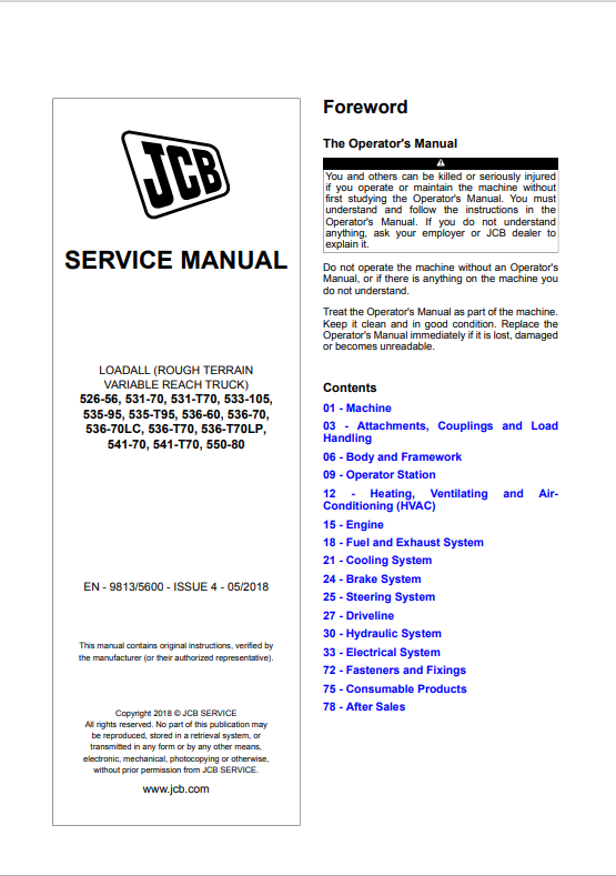 JCB Loadall 526-56, 531-70, 531-T70, 533-105, 535-95, 535-T95, 536-60, 536-70, 536-70LC, 536-T70, 536-T70LP, 541-70, 541-T70, 550-80 Service Manual 9813/5600 PDF