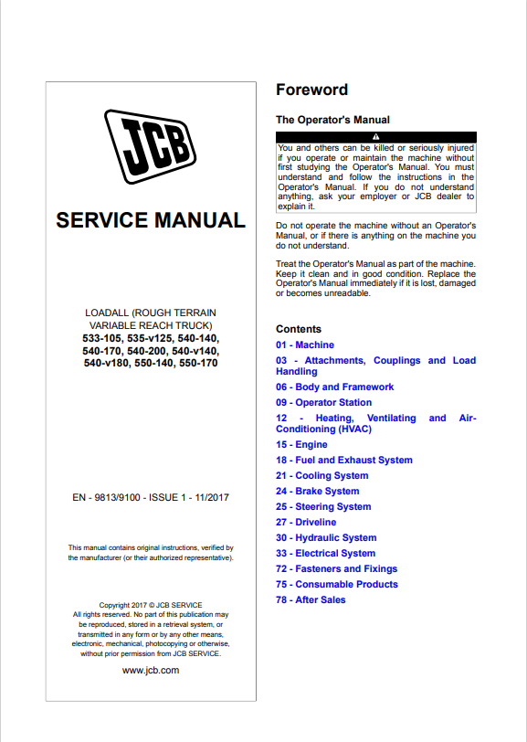 JCB Loadall 533-105, 535-v125, 540-140, 540-170, 540-200, 540-v140, 540-v180, 550-140, 550-170 Service Manual 9813/9100 PDF