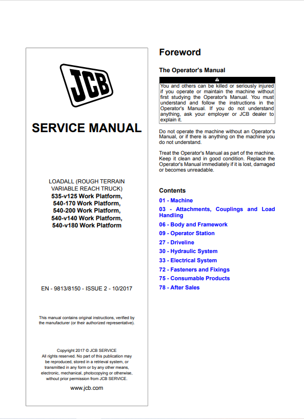 JCB Loadall Work Platform 535-v125, 540-170, 540-200, 540-v140, 540-v180 Service Manual 9813/8150 PDF