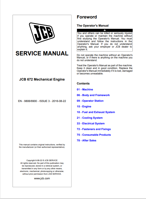JCB Mechanical Engine 672 Service Manual 9806/6900 PDF