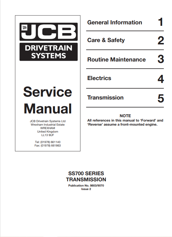 JCB SS700 Series Transmission Service Manual 9803/9070 PDF