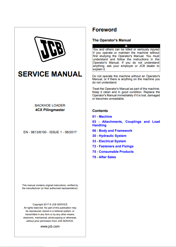 JCB Skid Backhoe Loader 4CX Pilingmaster Service Manual 9813/8100 PDF