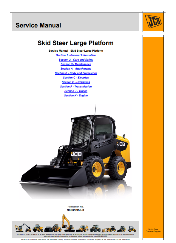 JCB Skid Steer Large Platform 225, 225T, 260, 260T, 280, 300, 300T, 320T, 330 Service Manual 9803/9950-3 PDF