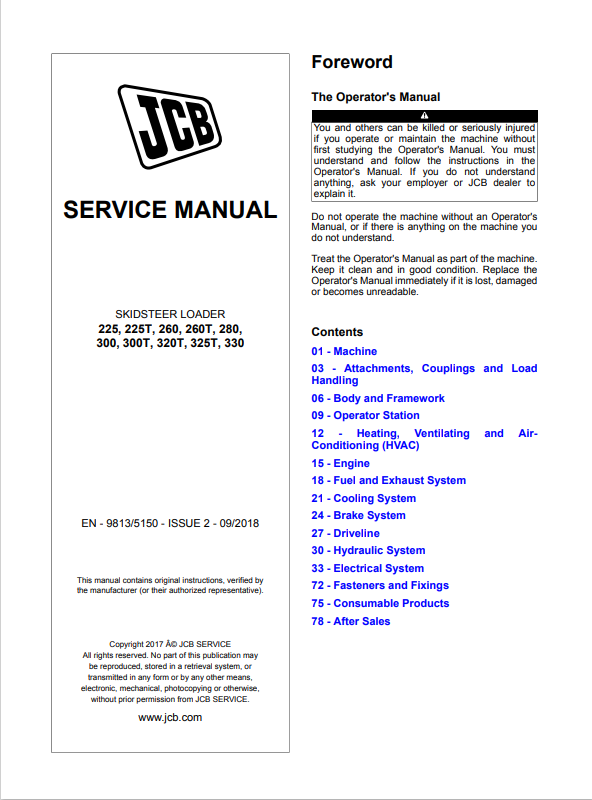 JCB Skid Steer Loader 225, 225T, 260, 260T, 280, 300, 300T, 320T, 325T, 330 Service Manual 9813/5150 PDF