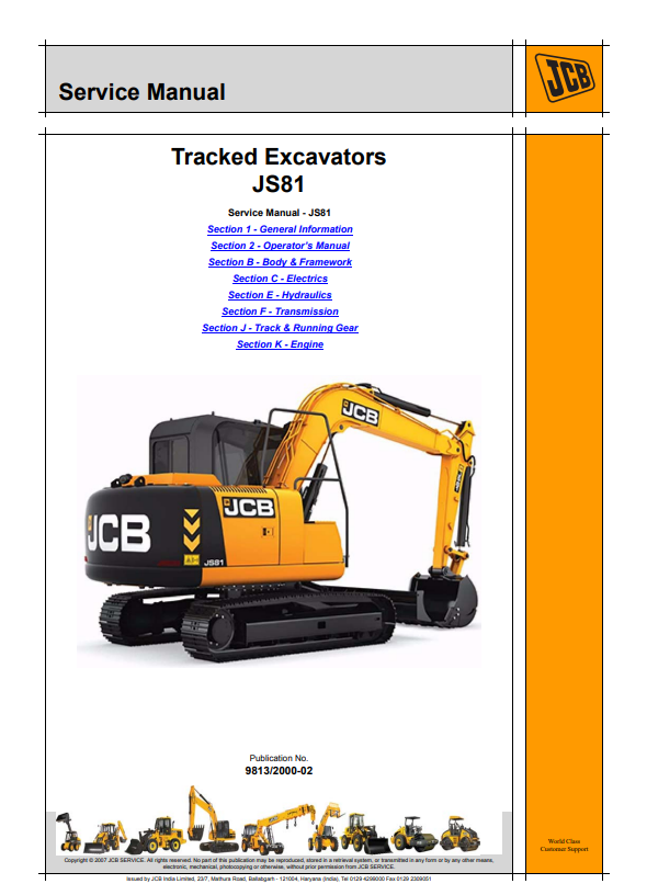 JCB Tracked Excavators JS81 Service Manual 9813/2000-02 PDF